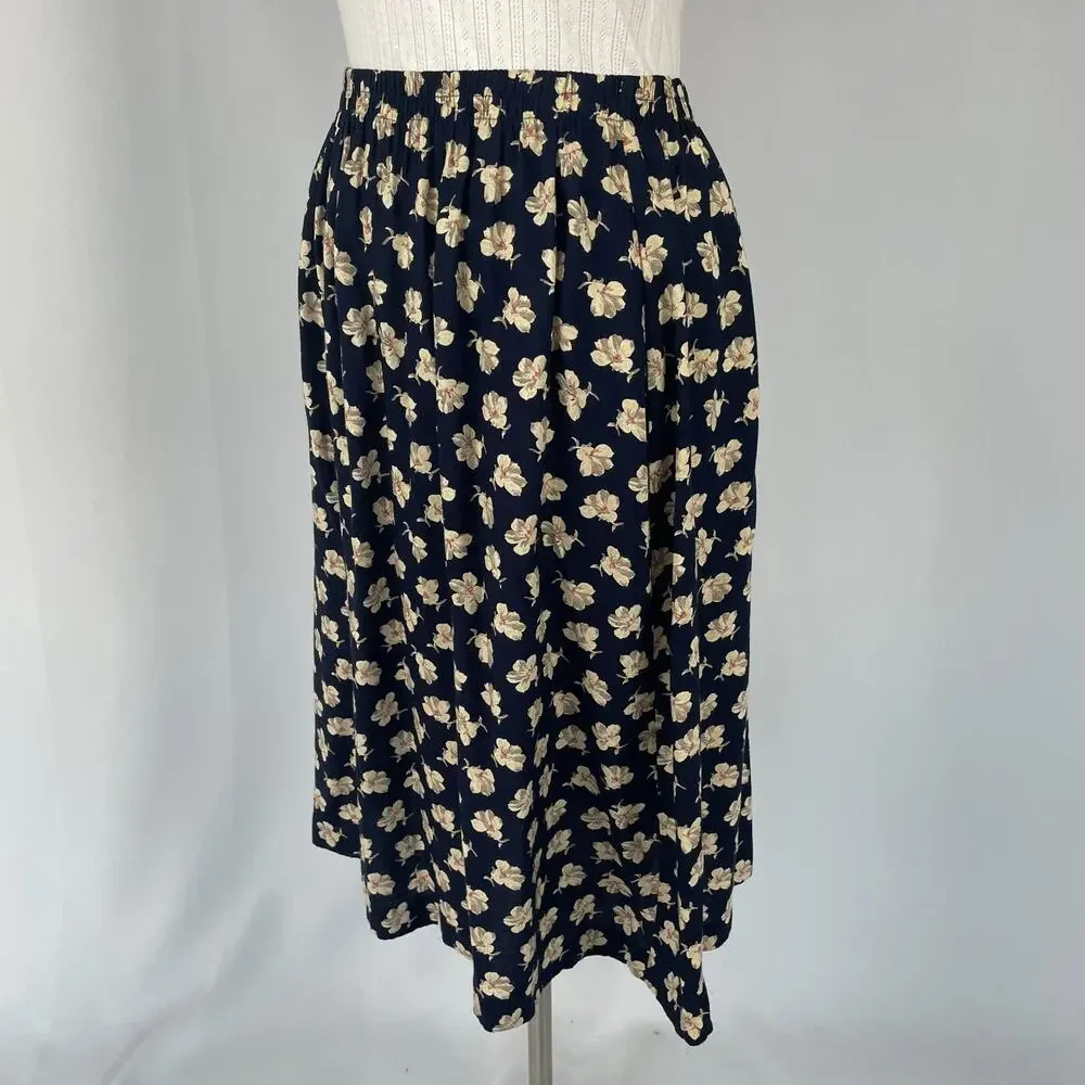 Vtg 90s Midi Skirt Size 12 Navy Blue Ditsy Floral A Line Cottage Boho Casual